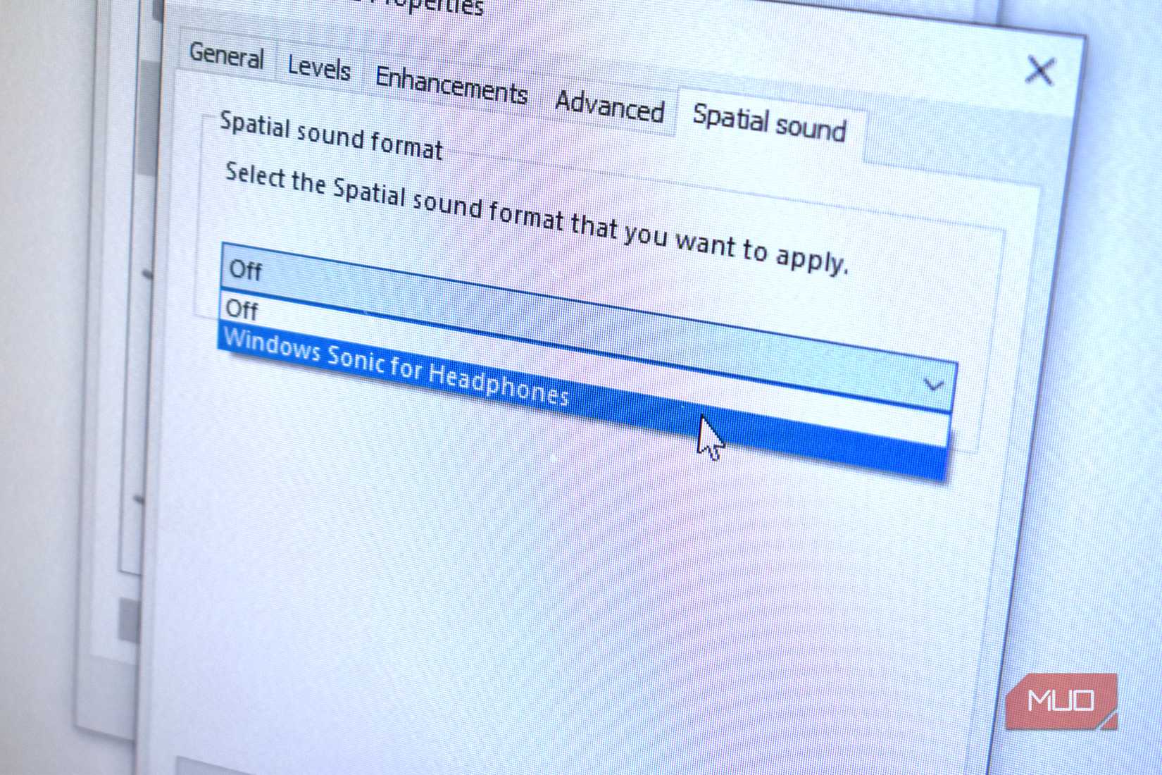 windows sonic for headphones dropdown menu audio properties.