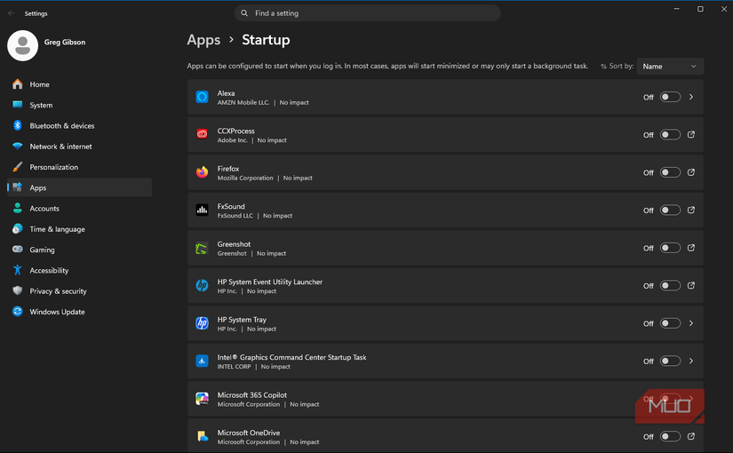 Microsoft Windows Settings Startup apps with all apps toggled off