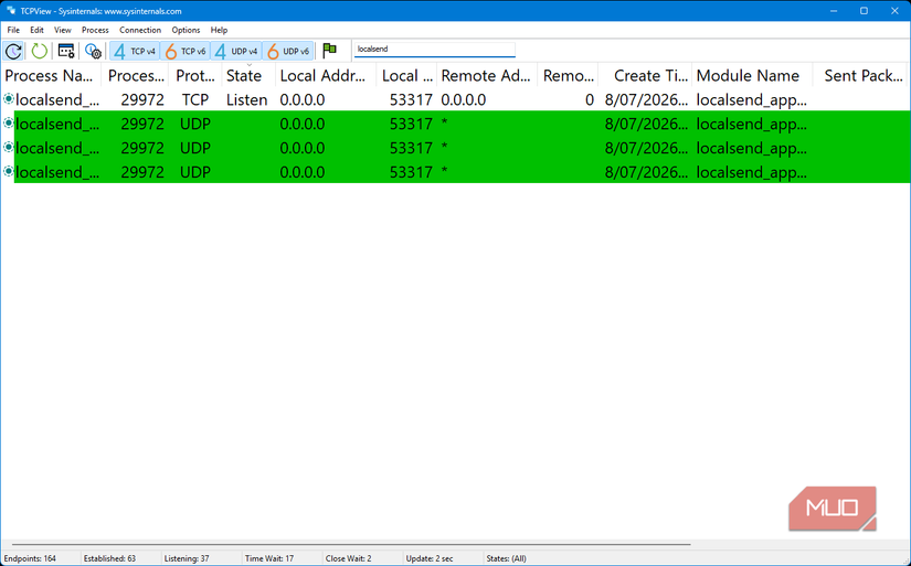 Windows Sysinternals TCPView application showing LocalSend active UDP connections