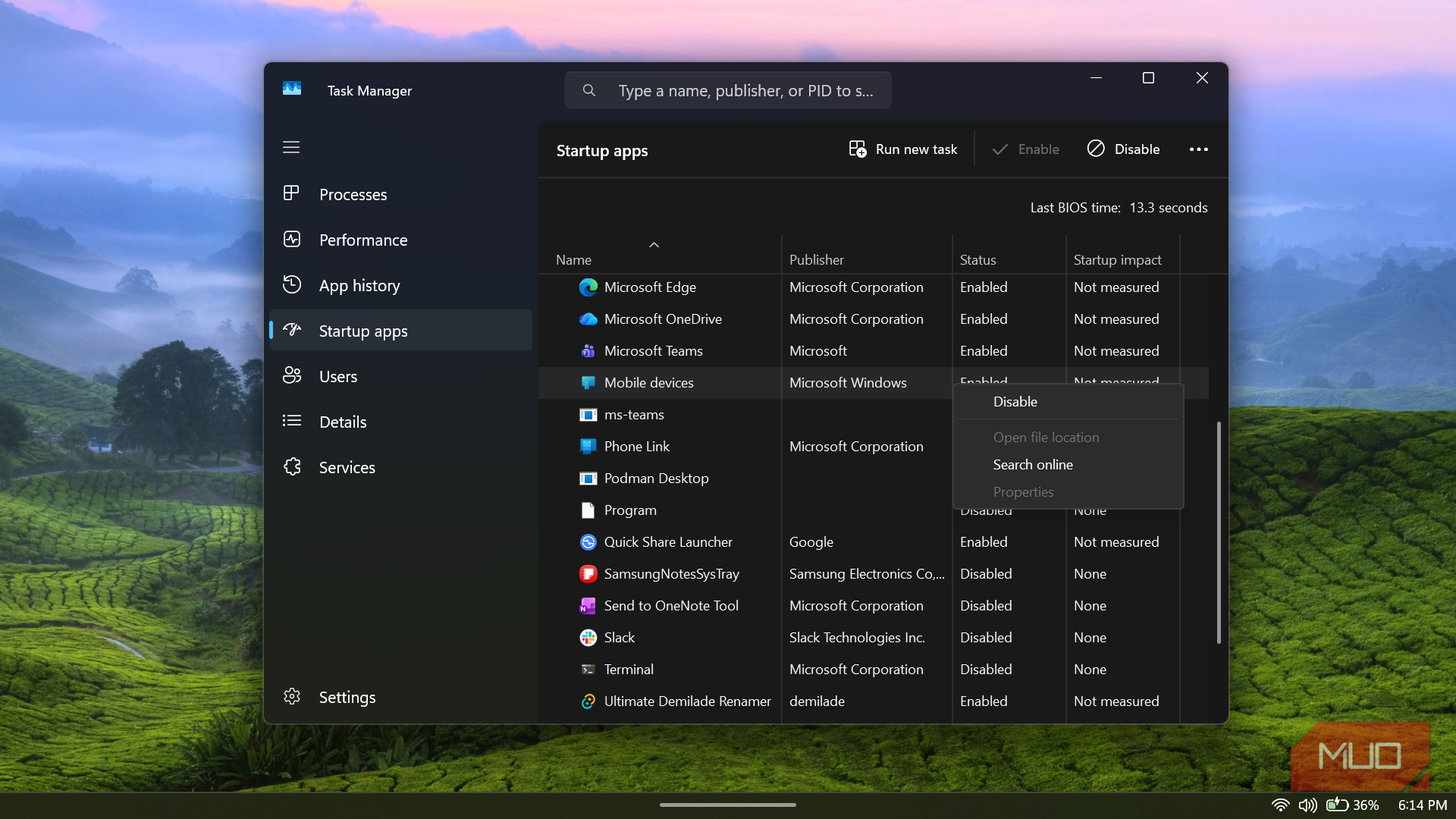 Windows Task Manager startup apps list with context menu