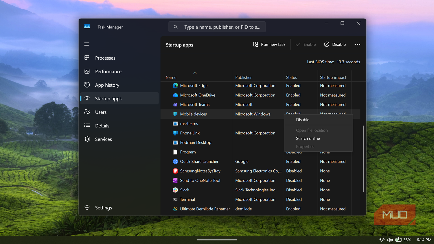 Windows Task Manager startup apps list with context menu