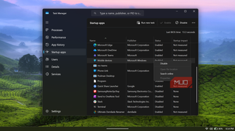 Windows Task Manager startup apps list with context menu
