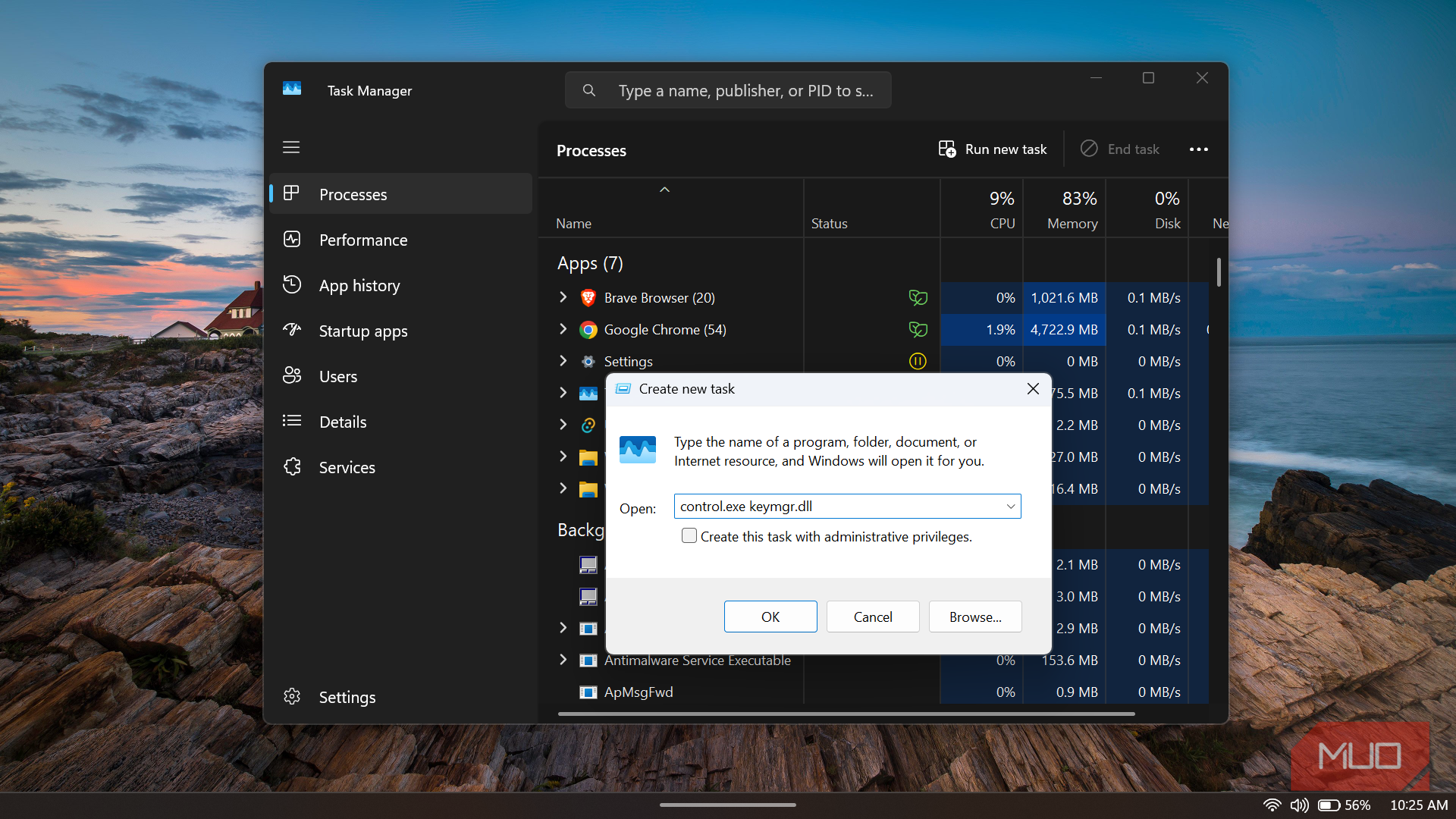 Windows Task Manager with Create new task dialog open