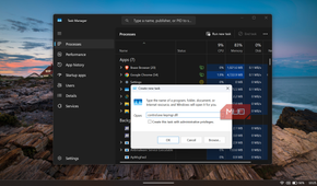 Windows Task Manager with Create new task dialog open