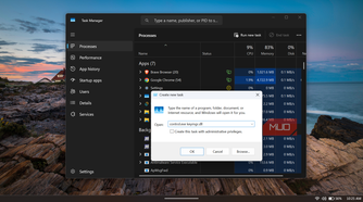 Windows Task Manager with Create new task dialog open