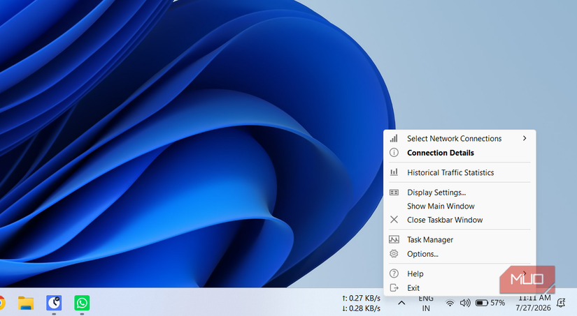 Windows taskbar showing internet speed meter