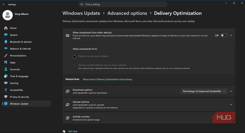 Windows Update settings advanced option to turn off Delivery Optimization