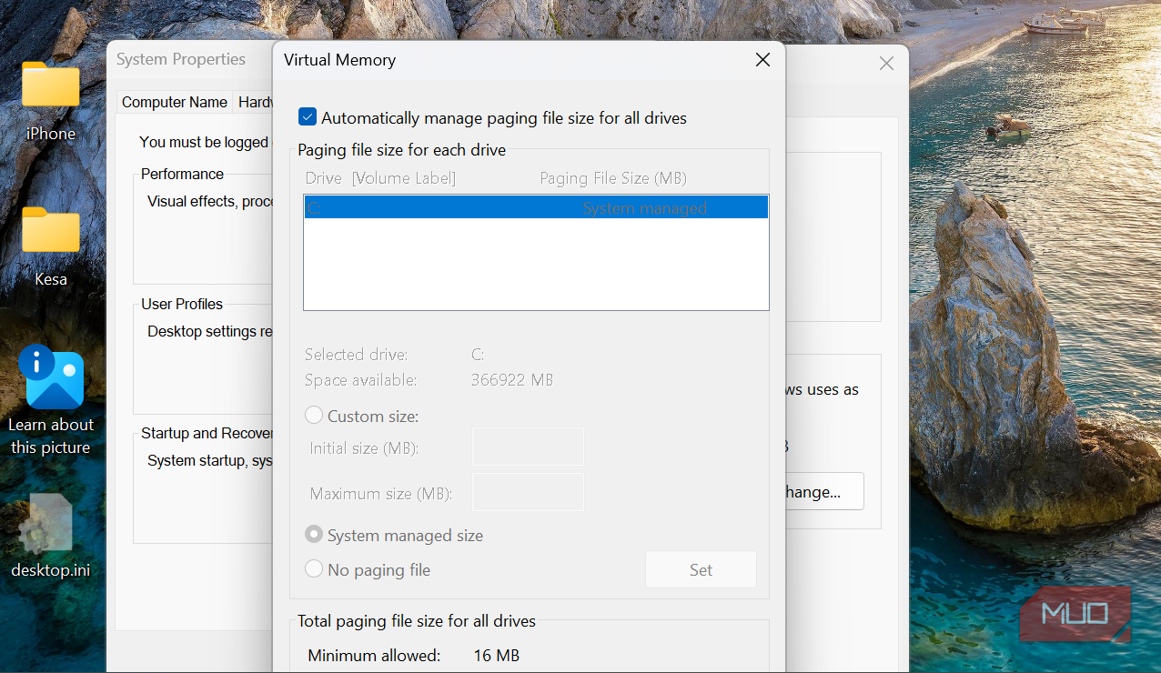 Windows virtual memory settings