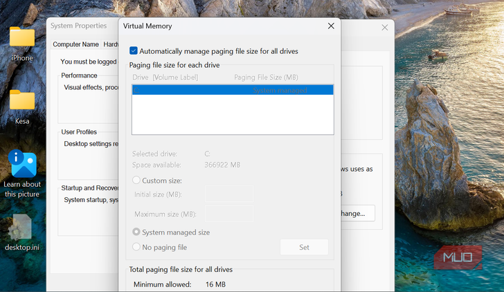 Windows virtual memory settings