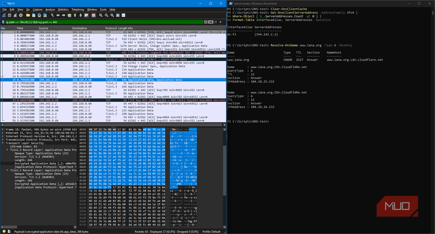 Wireshark packet analysis of DNS over HTTPS with evidence of encryption