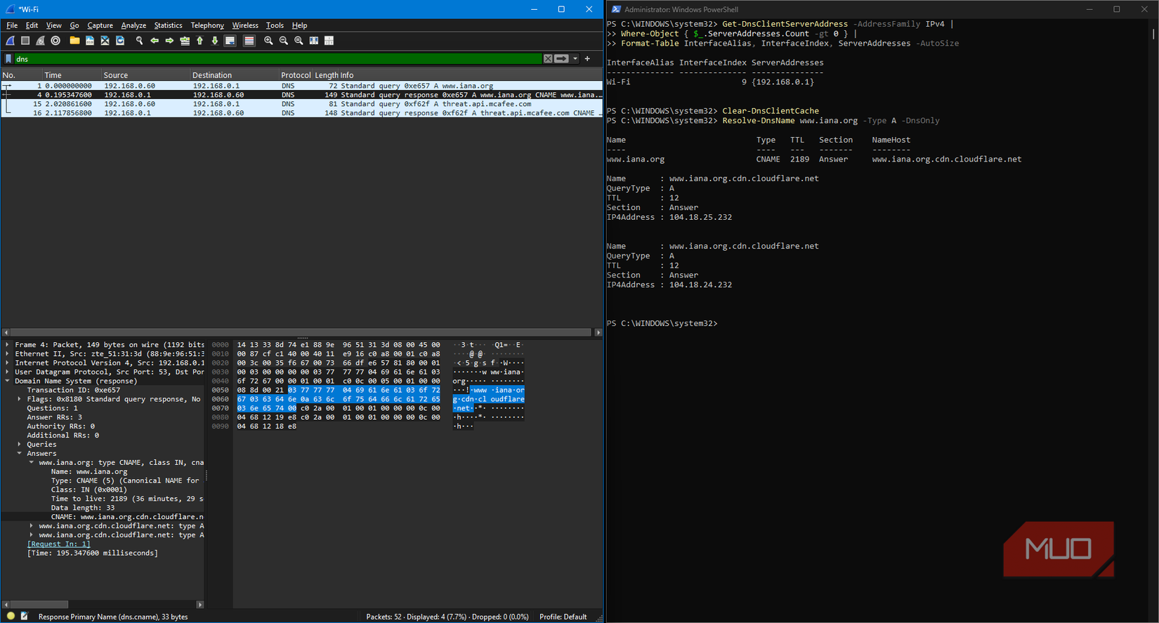 Wireshark packet anaylsis showing plain text DNS request when using unencrypted DNS