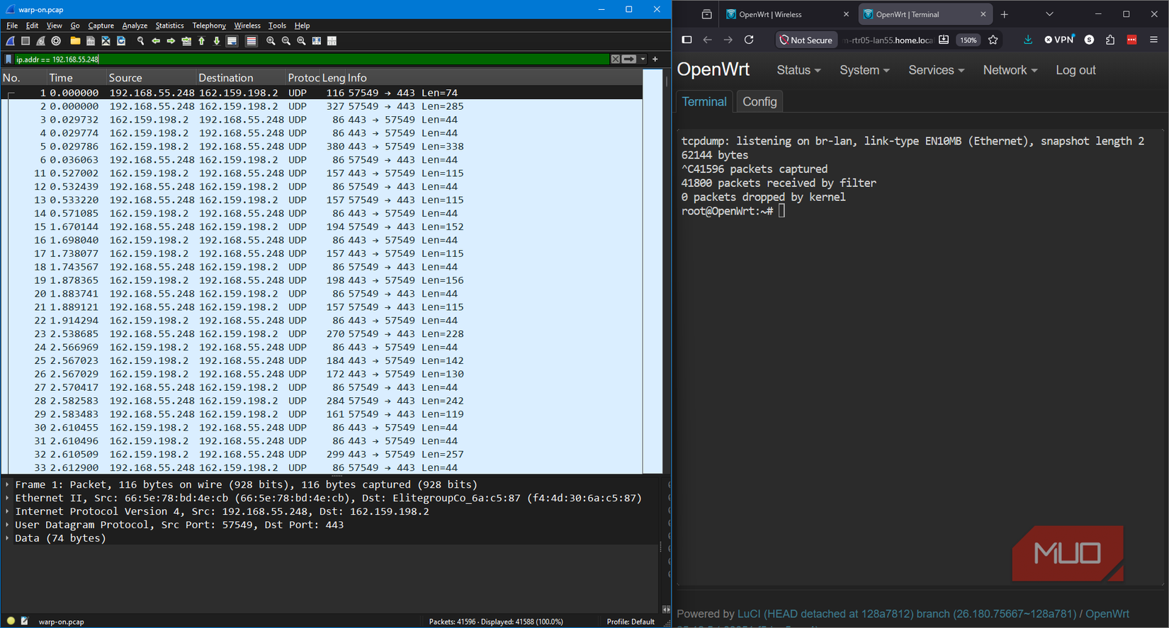 Wireshark showing encrypted tunneled packets through WARP and OpenWRT tcpdump output