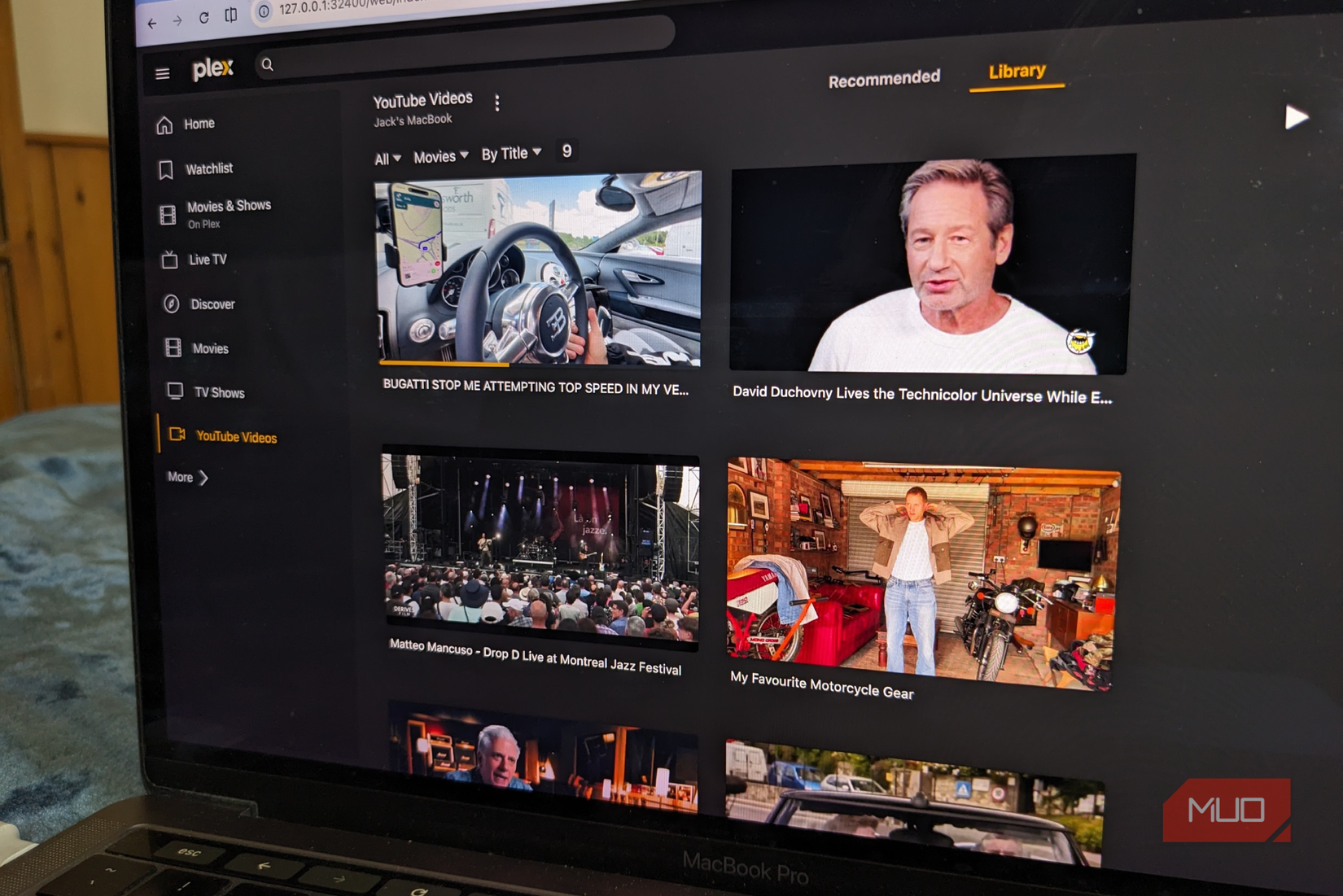YouTube videos showing on a Plex server.