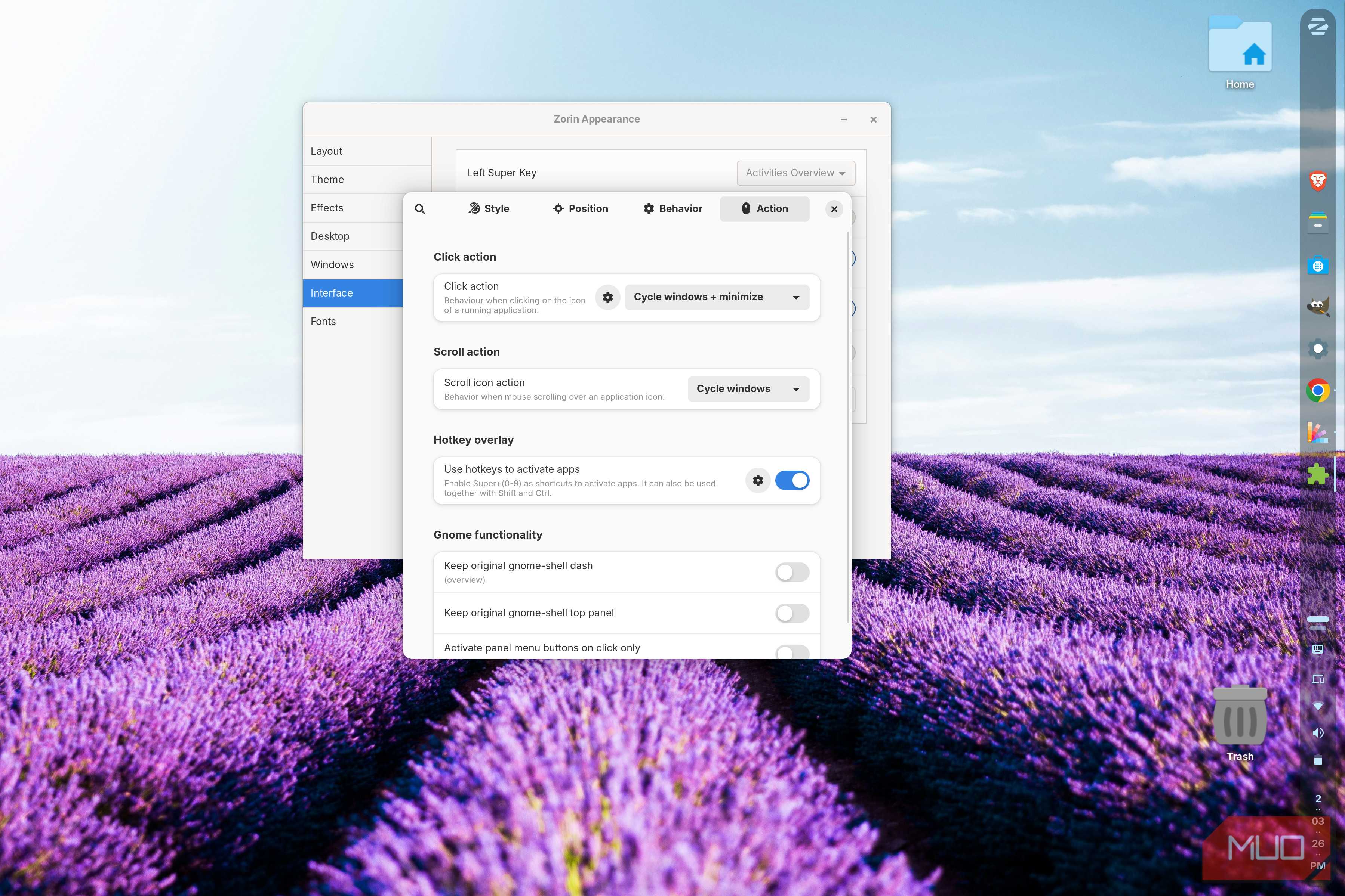 Zorin panel settings showing the option to cycle through open windows and minimize them with a single click