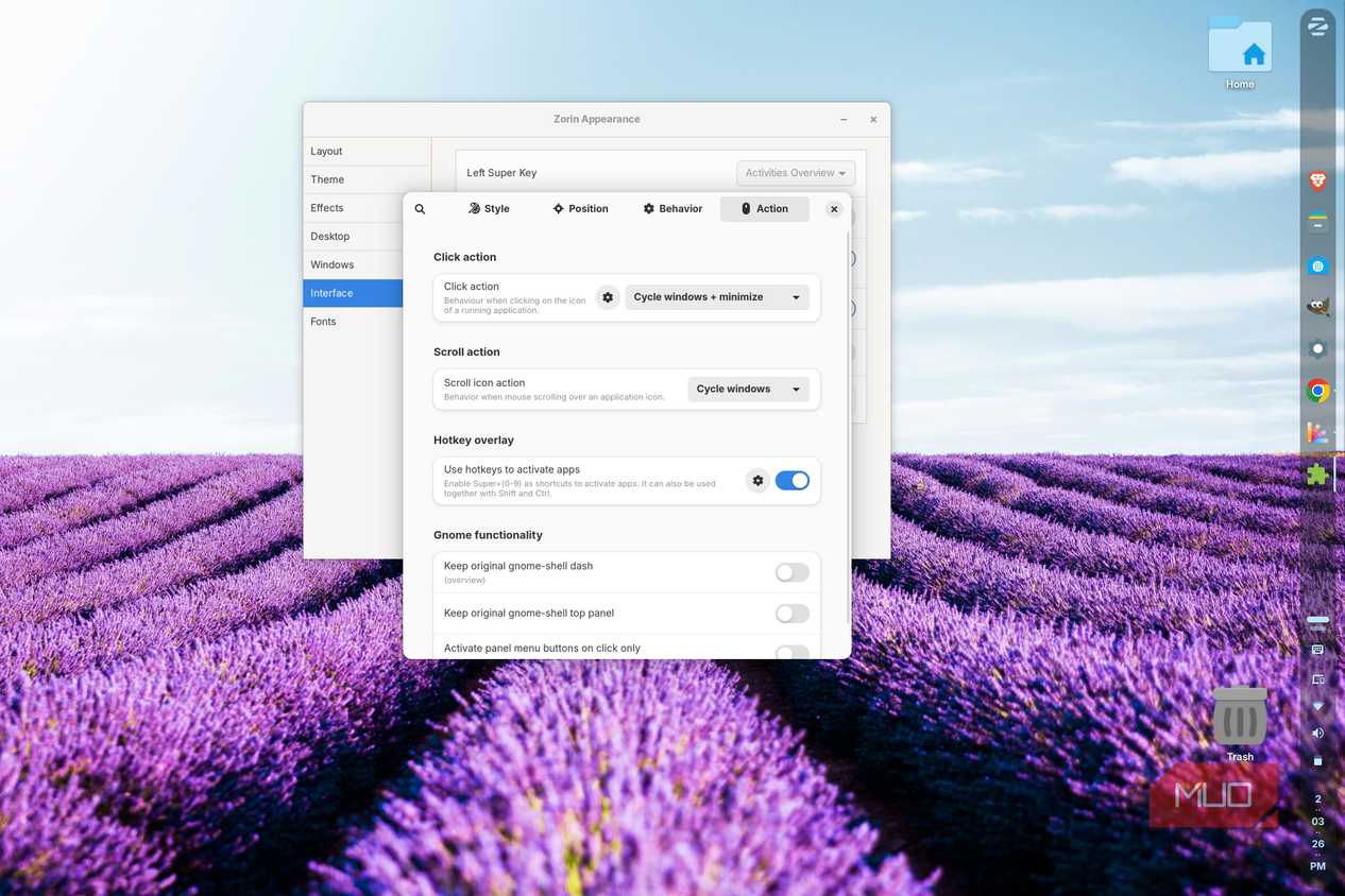 Zorin panel settings showing the option to cycle through open windows and minimize them with a single click