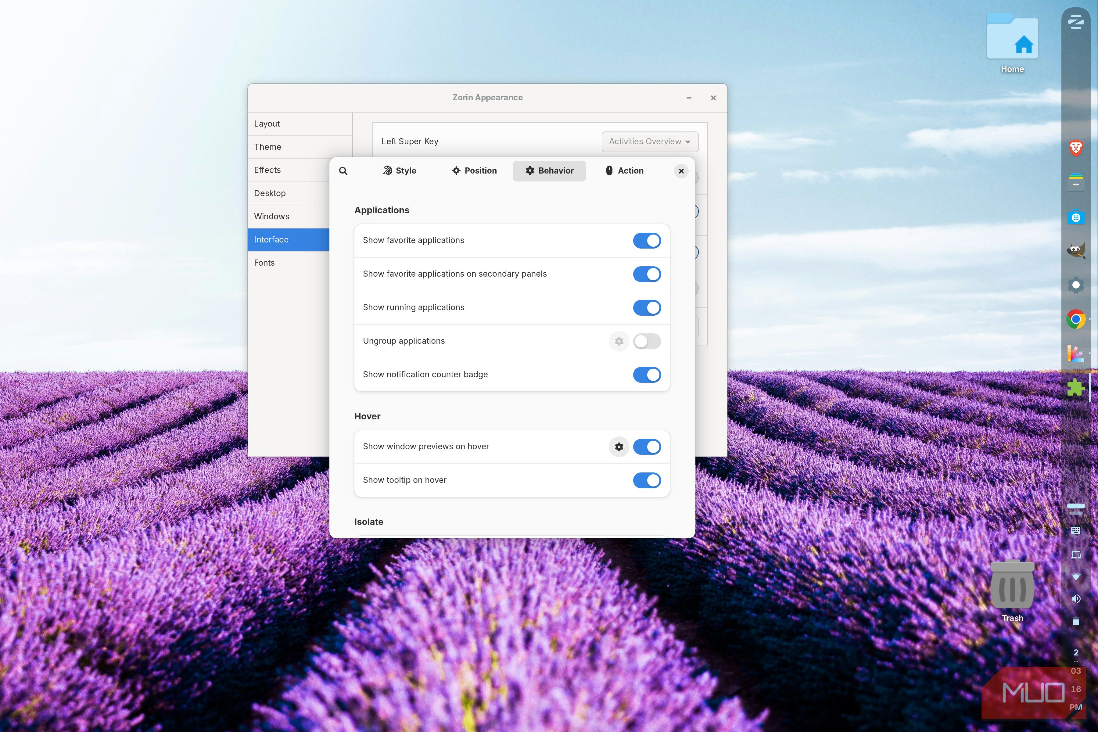 Zorin Appearance panel showing application and hover behavior settings for the desktop panel