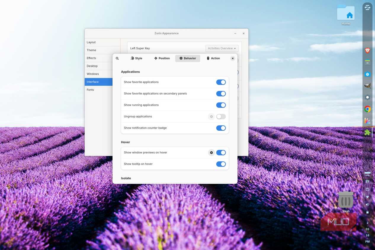 Zorin Appearance panel showing application and hover behavior settings for the desktop panel