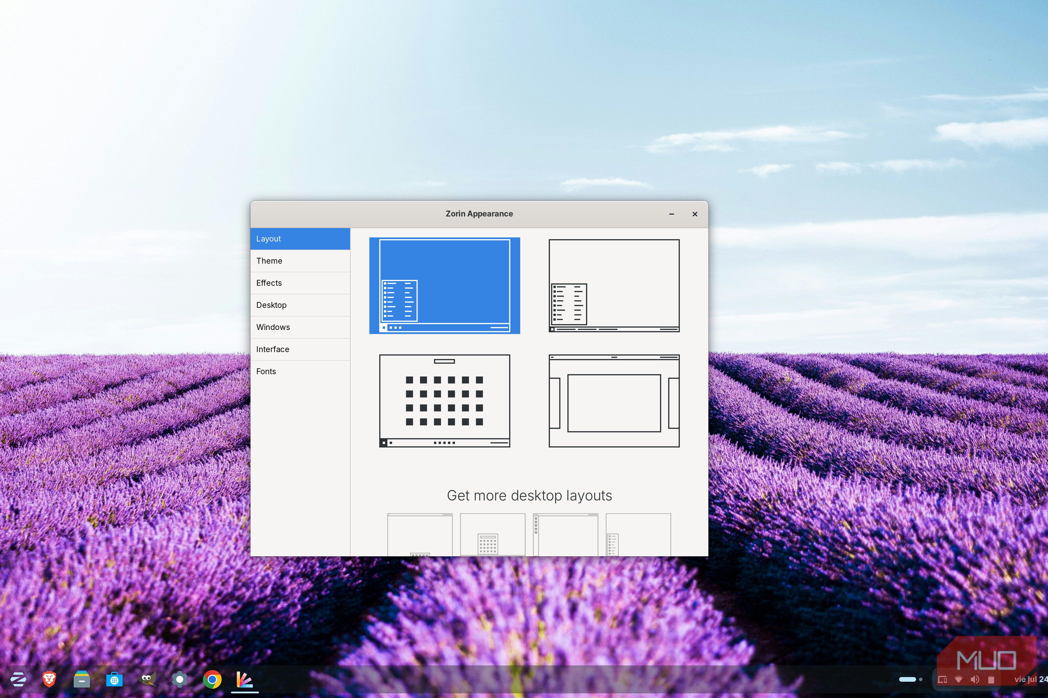 Zorin Apperance windows showing four desktop layout options, with the Windows-style layout selected
