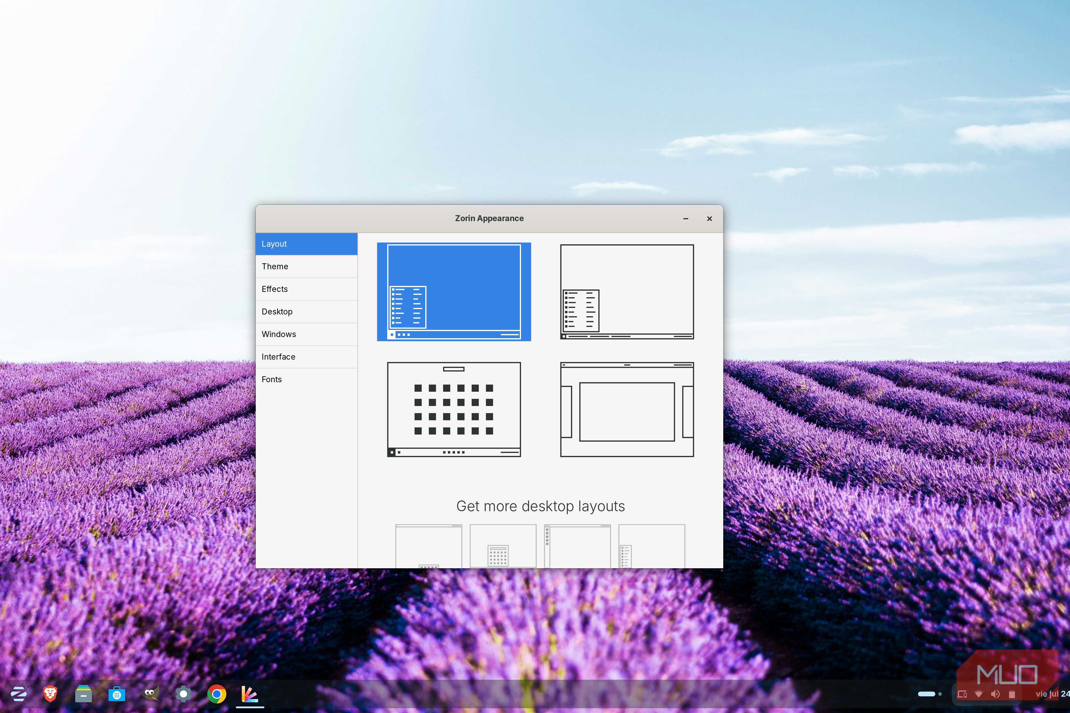Zorin Apperance windows showing four desktop layout options, with the Windows-style layout selected
