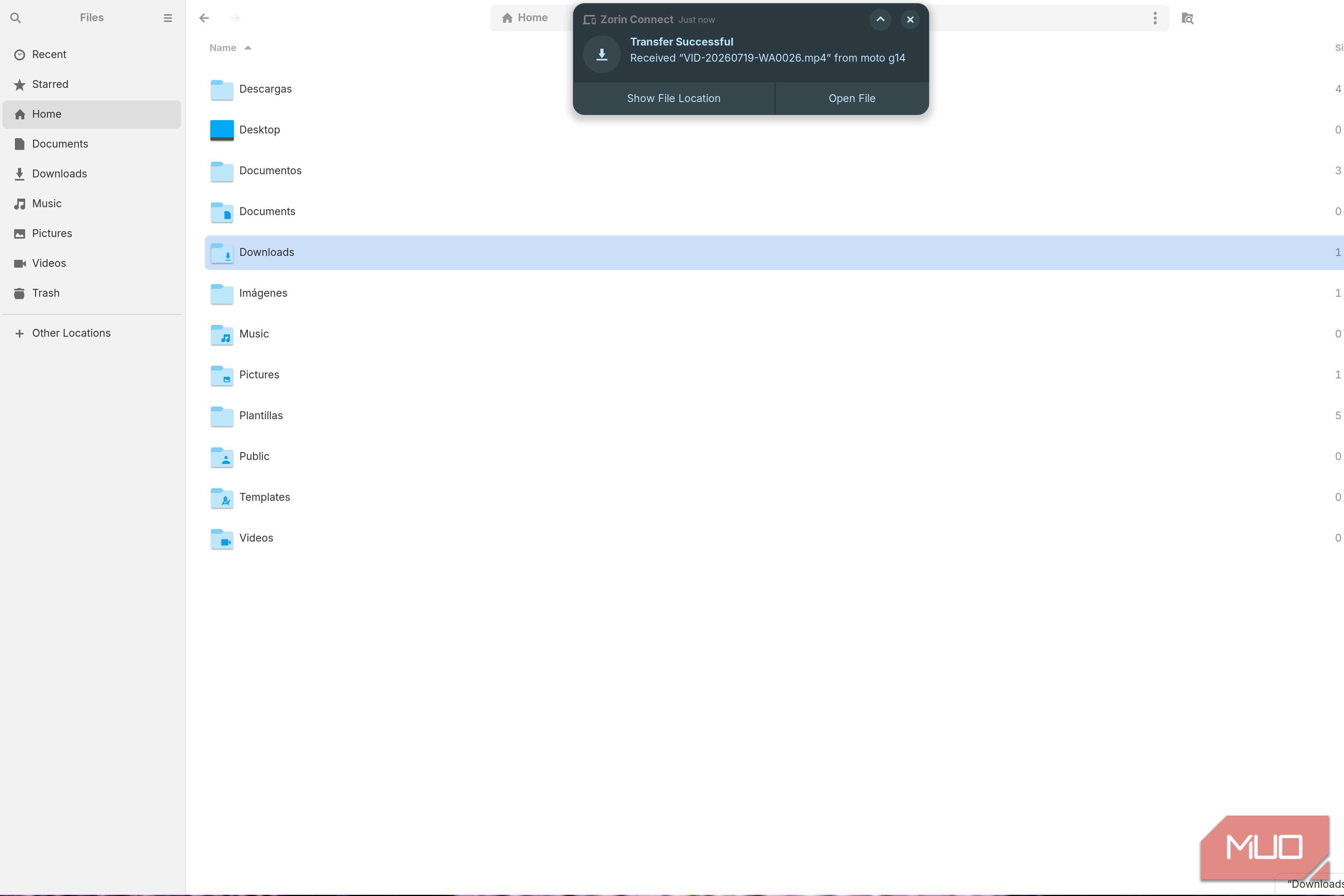 Zorin file manager showing a received video notification