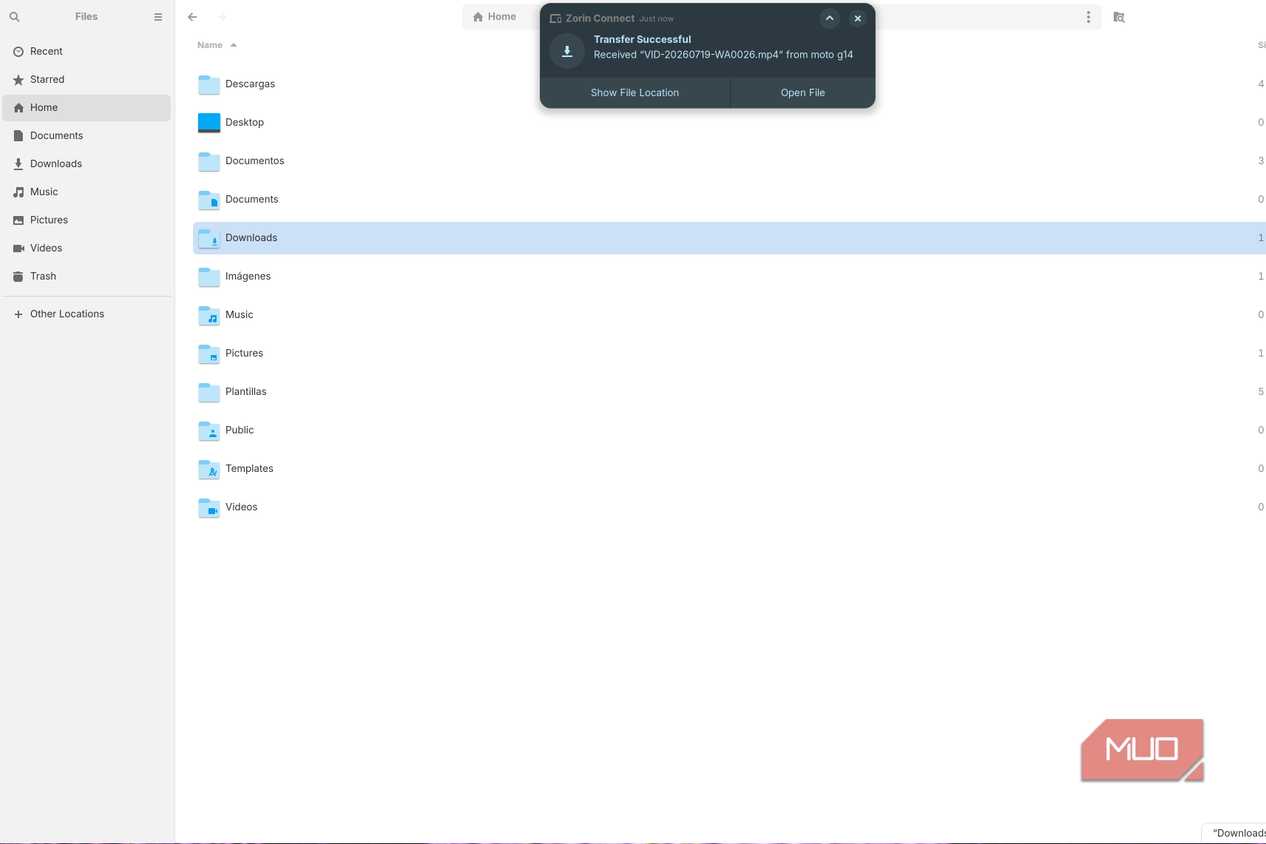 Zorin file manager showing a received video notification