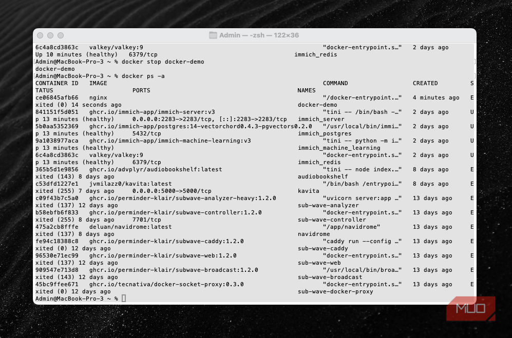 Stopped containers and running containers inside terminal.