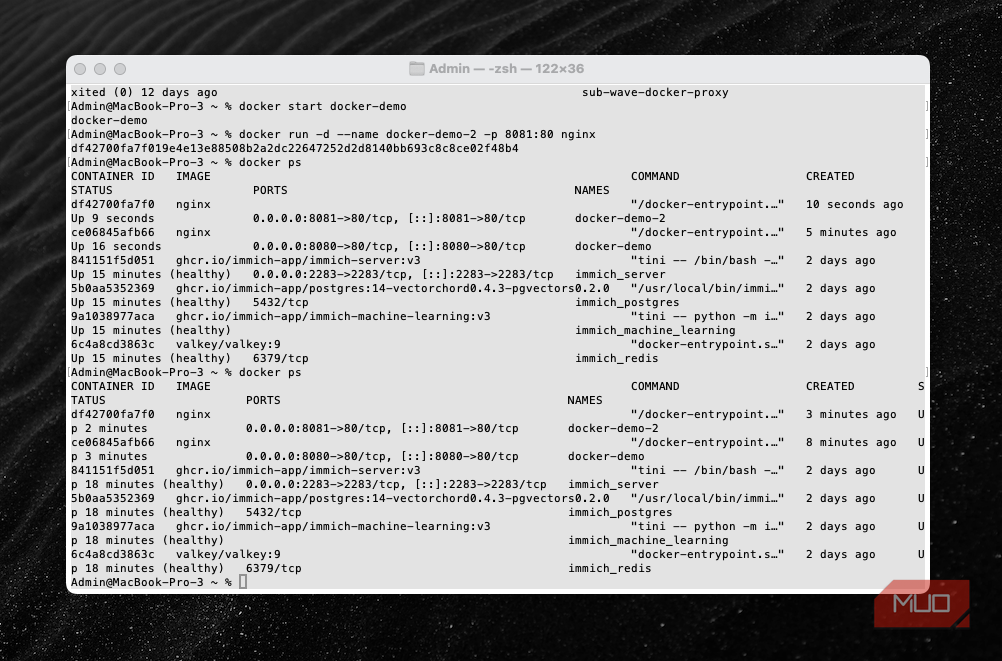 Ports on the computer mapped to ports in containers.