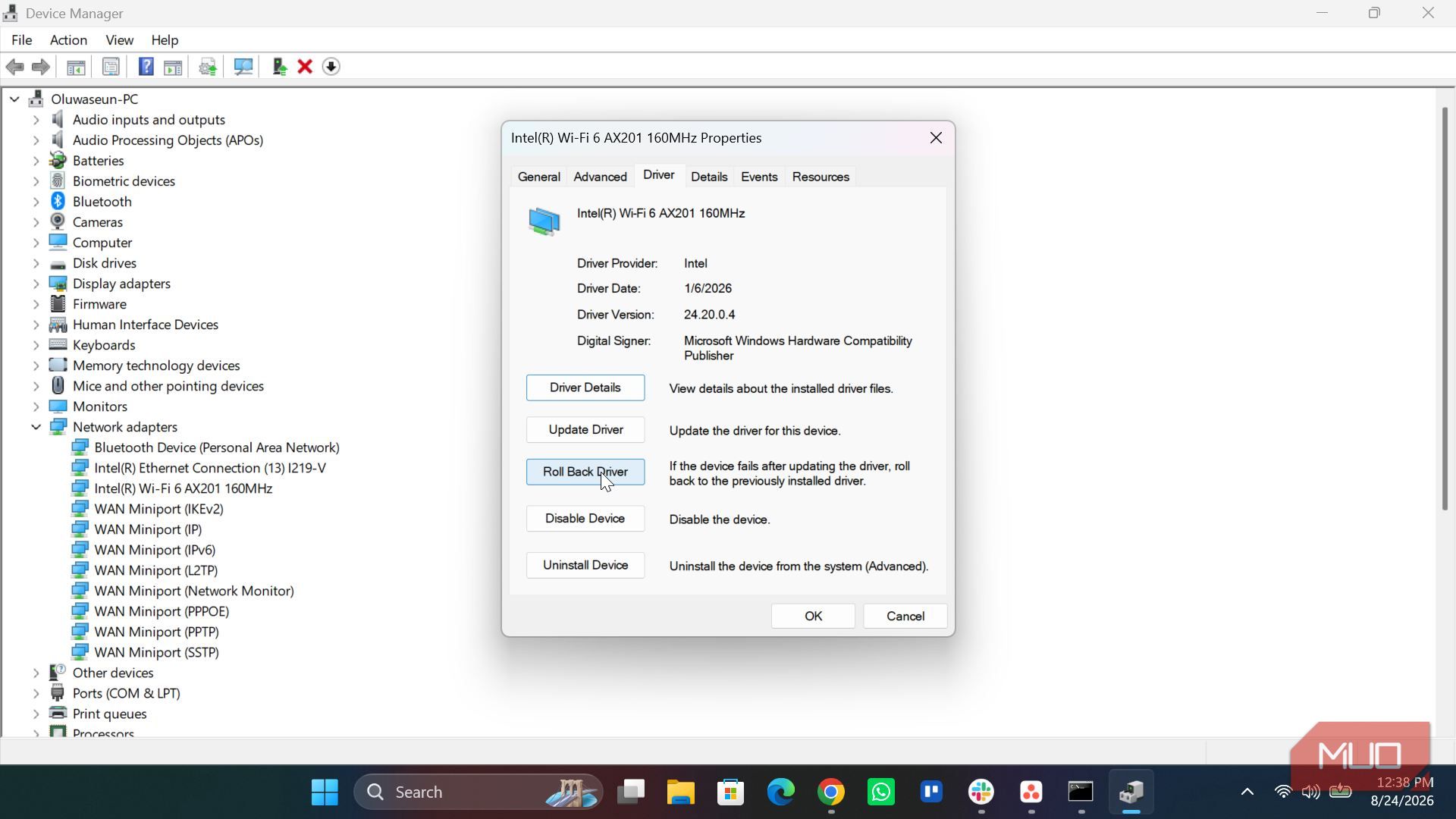 A driver properties window in Windows