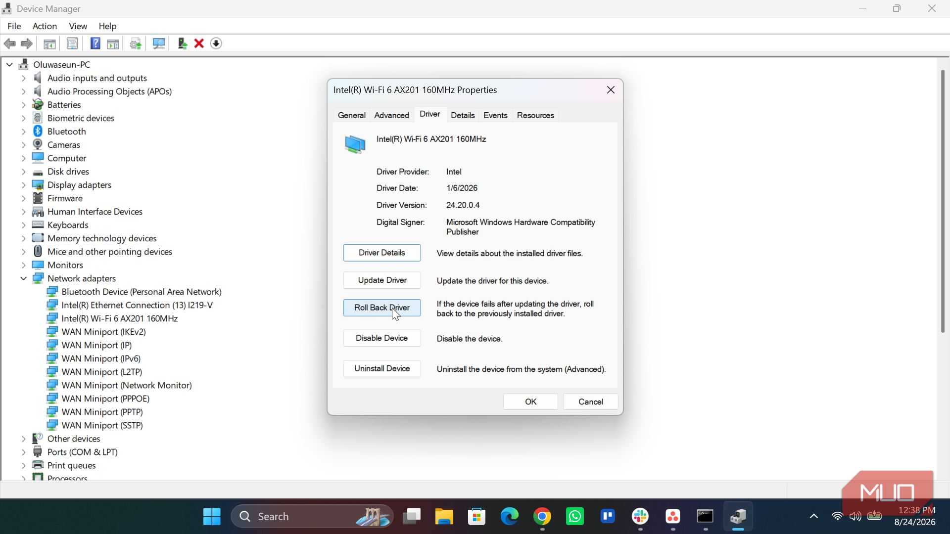 A driver properties window in Windows