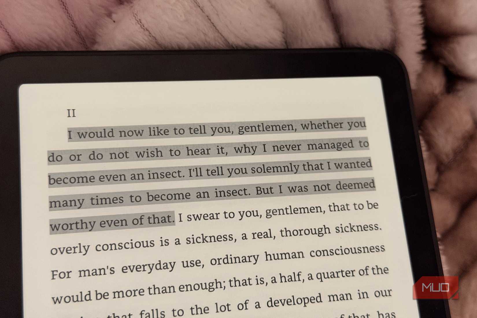 A highlighted snippet on a Kindle Paperwhite