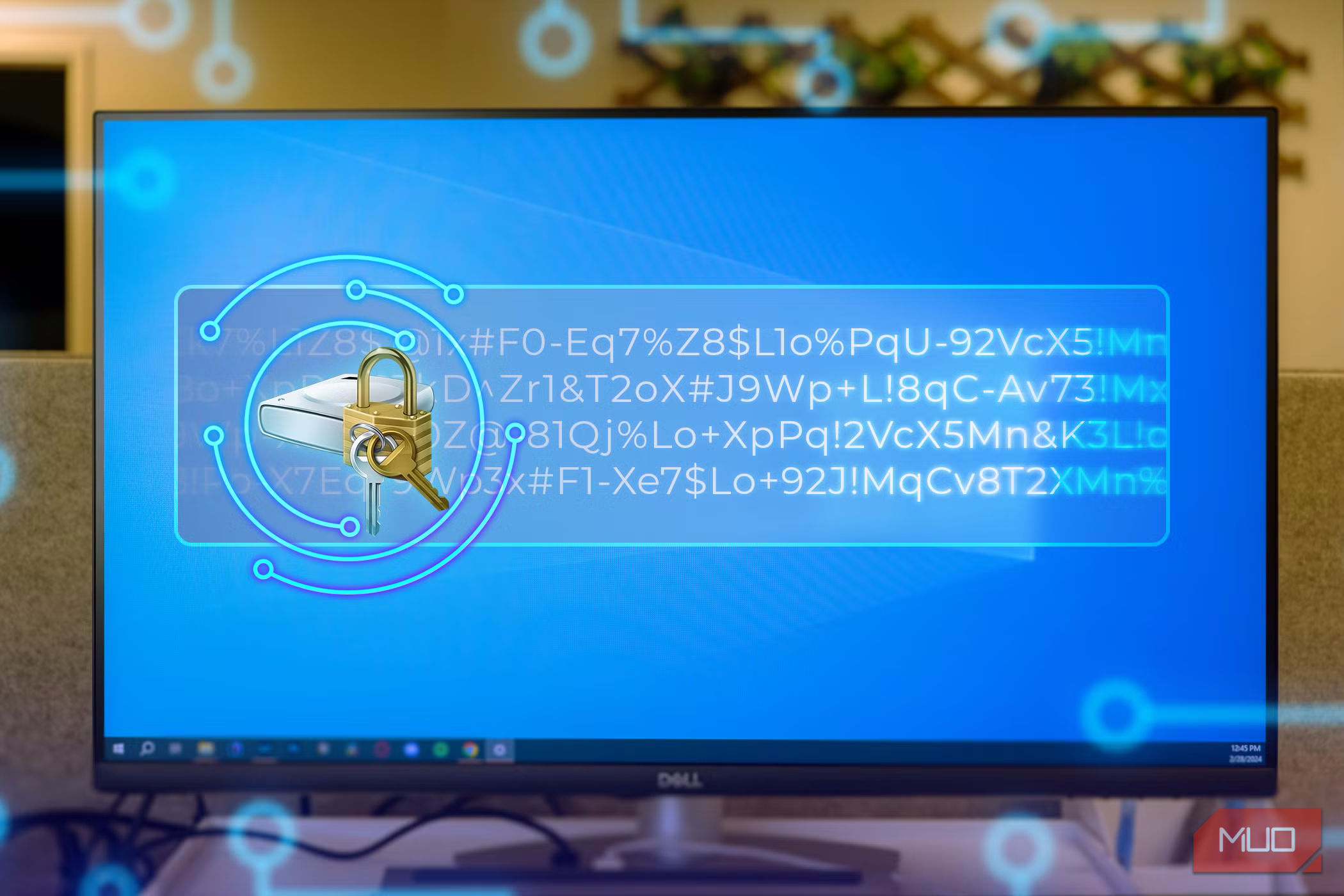 A PC screen with Windows 11 and the BitLocker icon in the center with some codes.
