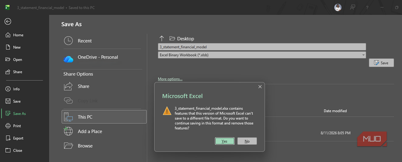 A pop-up error box that appears when trying to save an xlsx file as xlsb.