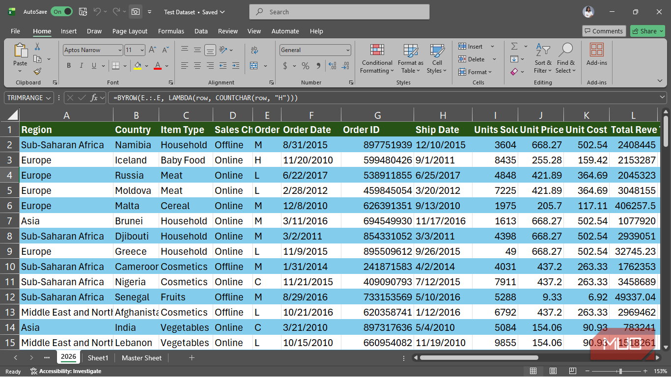 A sales dataset in Excel with the camera icon enabled in the Quick Access Toolbar.
