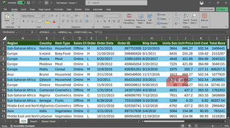 A sales dataset in Excel with the camera icon enabled in the Quick Access Toolbar.