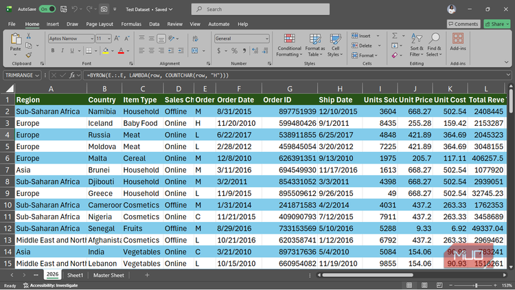 A sales dataset in Excel with the camera icon enabled in the Quick Access Toolbar.