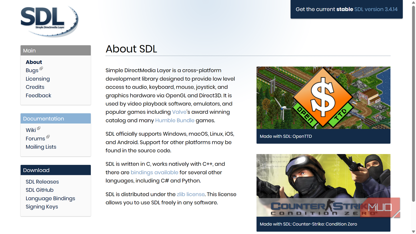 About Simple DirectMedia Layer website homepage.