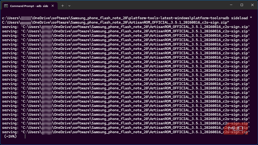ADB in command prompt sideloading ArtisanROM official image with progress percent
