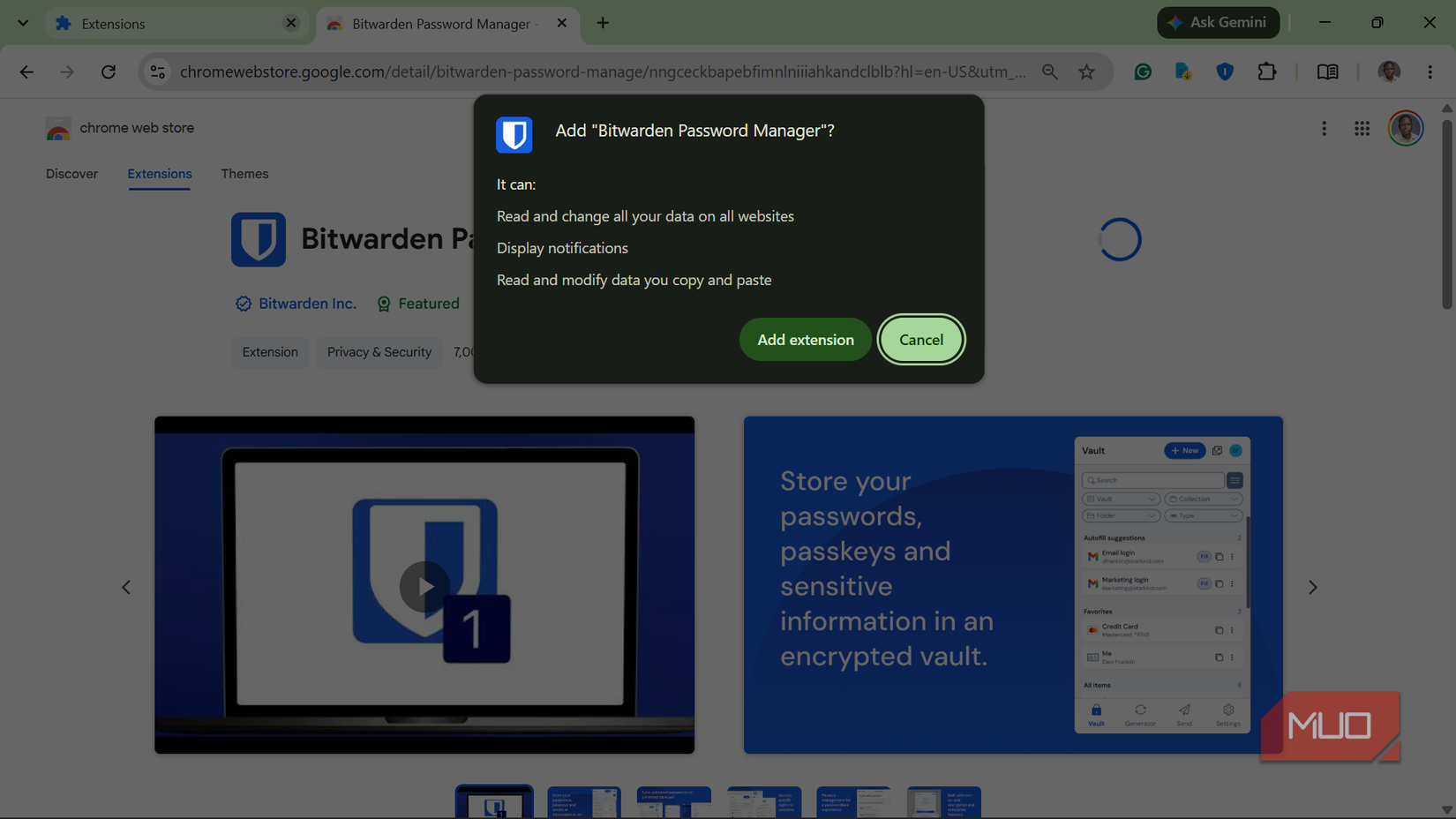 Adding Bitwarden password manager extension prompt