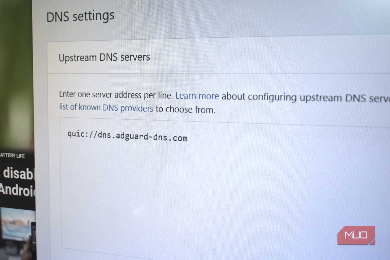 adguard home showing dns over quic upstream servers.