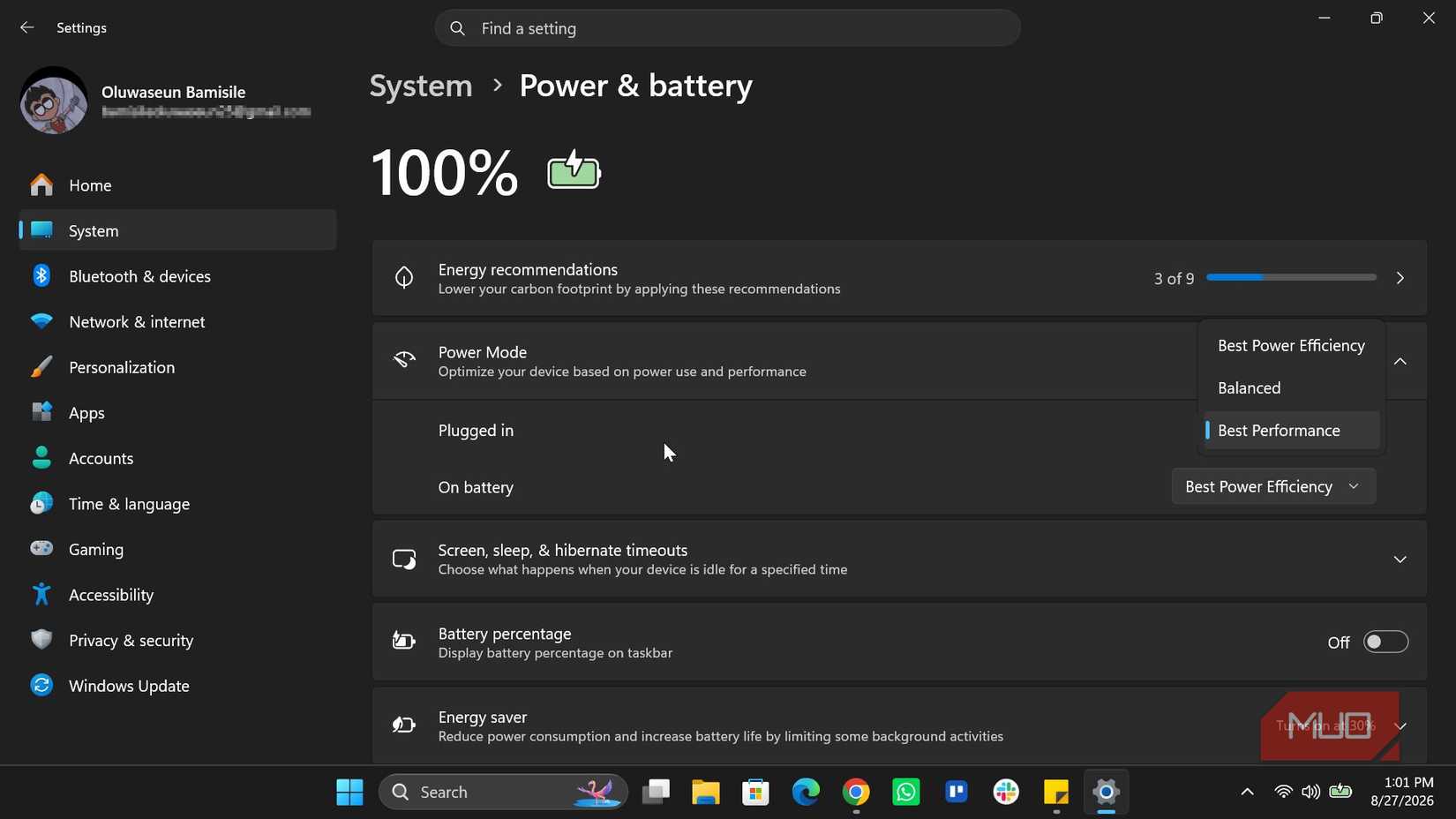 Adjusting power mode in Windows setting