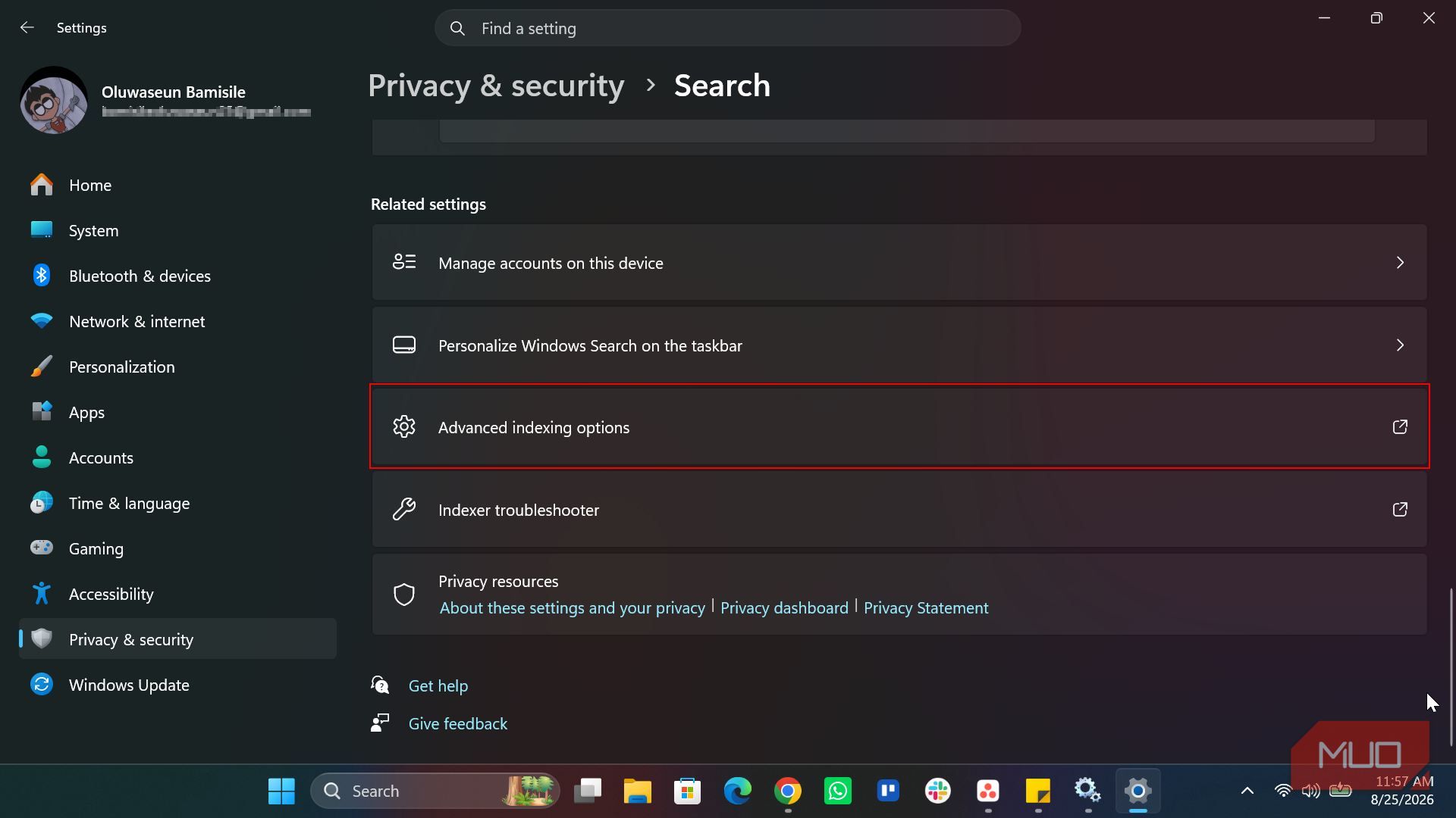Advanced indexing options in Windows Search settings