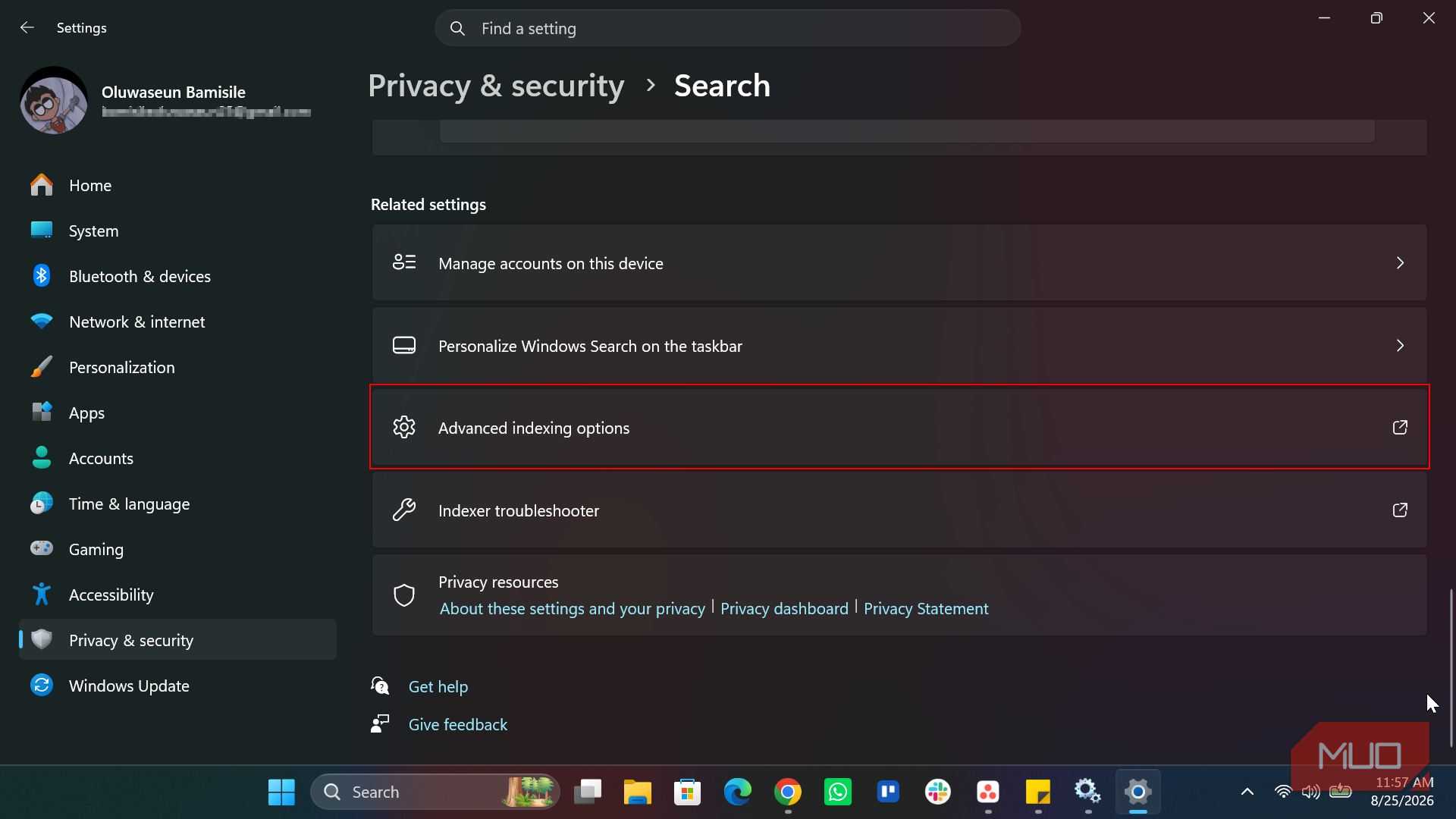 Advanced indexing options in Windows Search settings