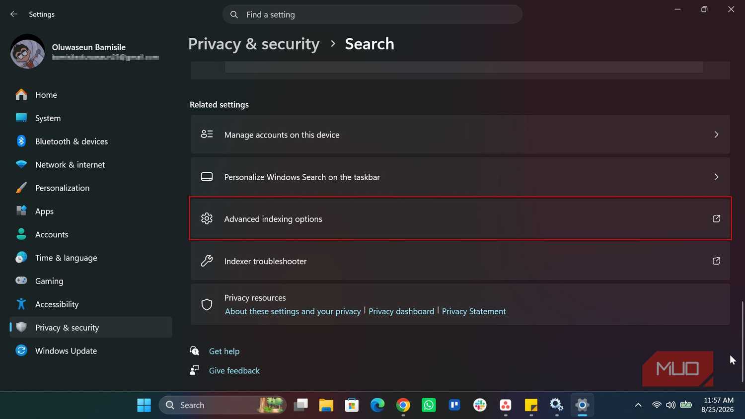 Advanced indexing options in Windows Search settings
