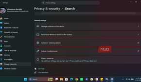 Advanced indexing options in Windows Search settings