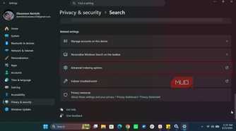 Advanced indexing options in Windows Search settings