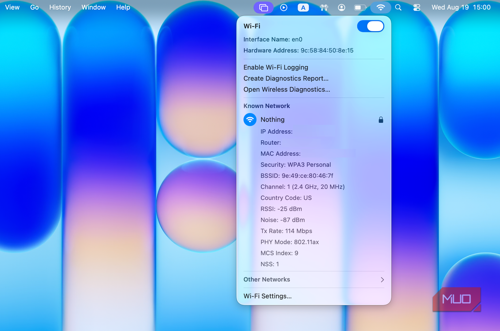 advanced wifi menu on macos showing link speed.
