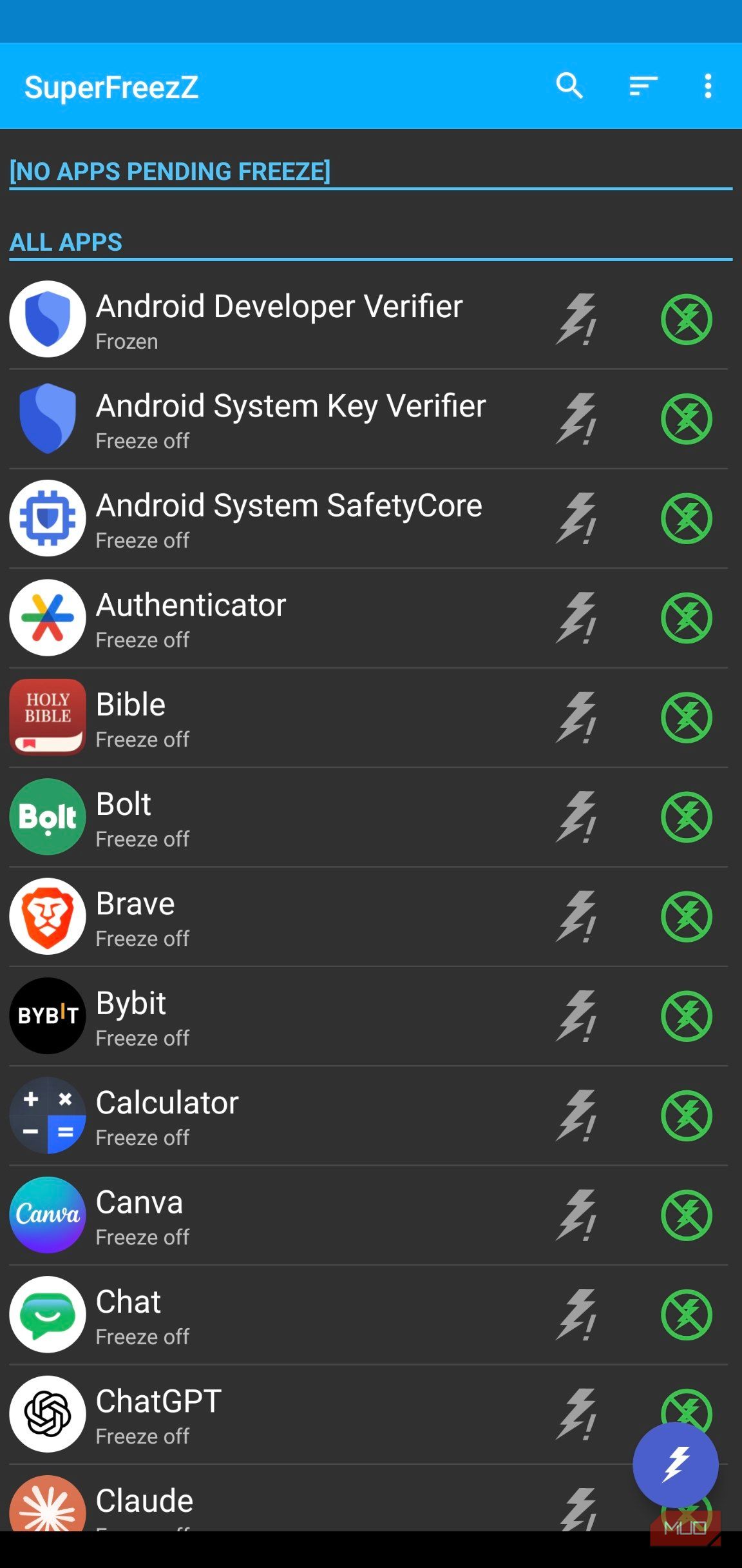 A list of apps showing on SuperFreezZ