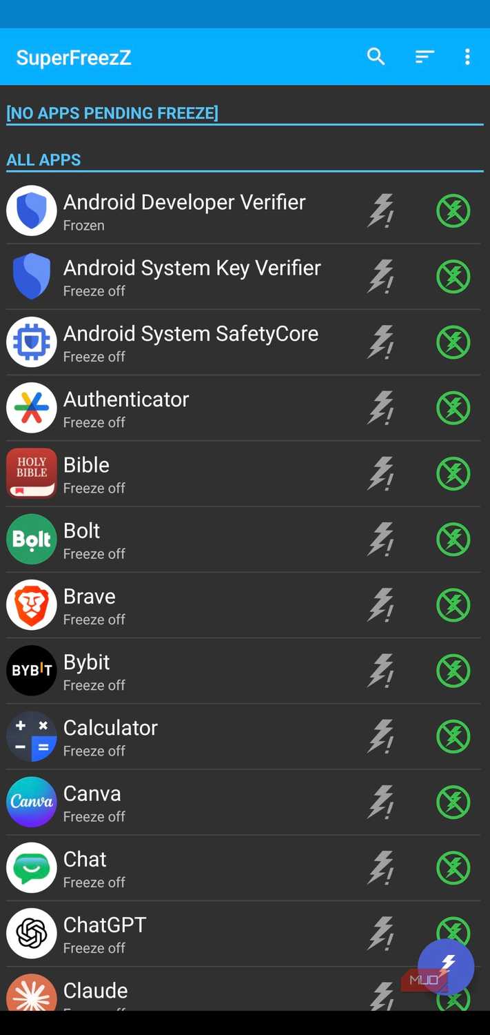 A list of apps showing on SuperFreezZ