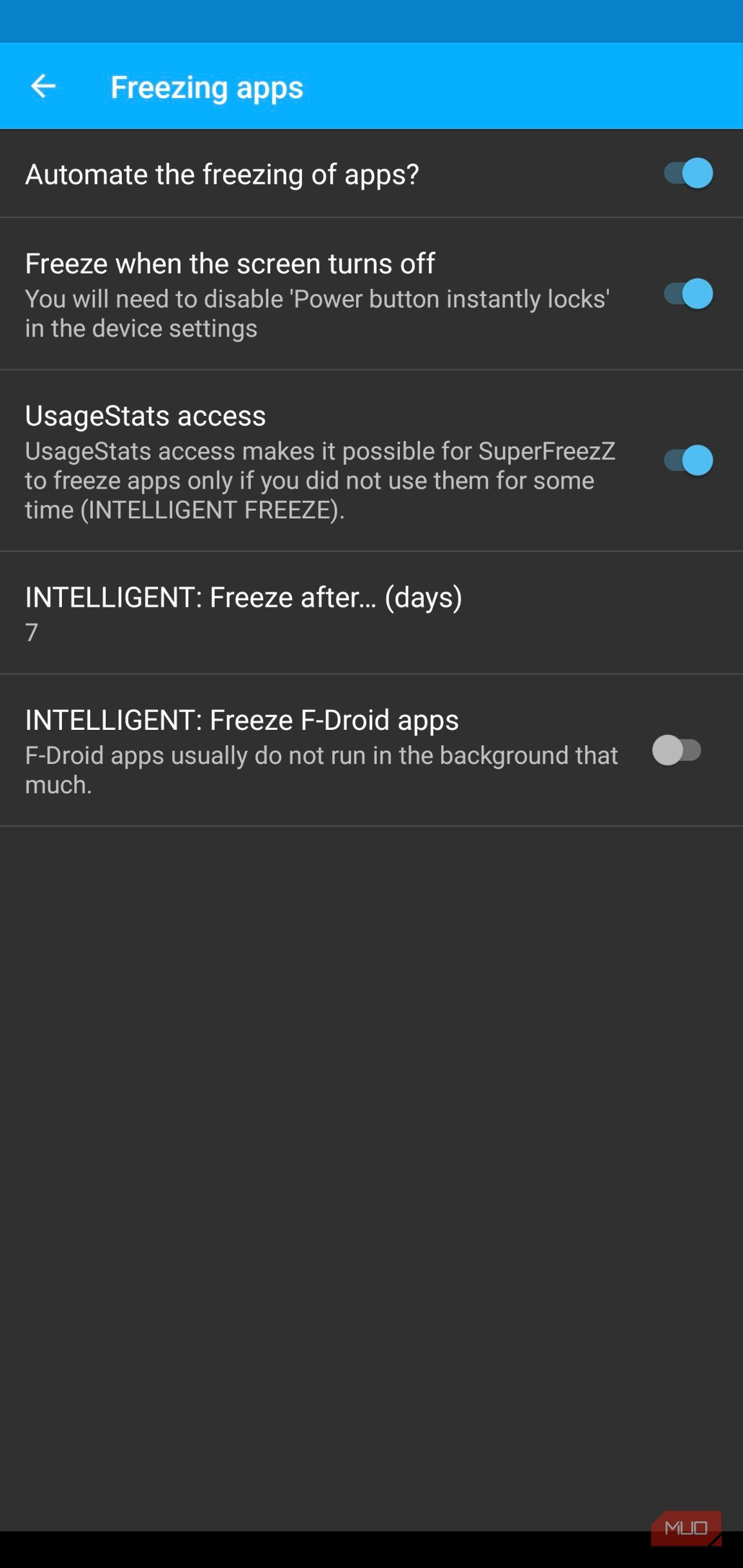 Freezing apps settings after all features have been enabled except freezing F-Droid apps.