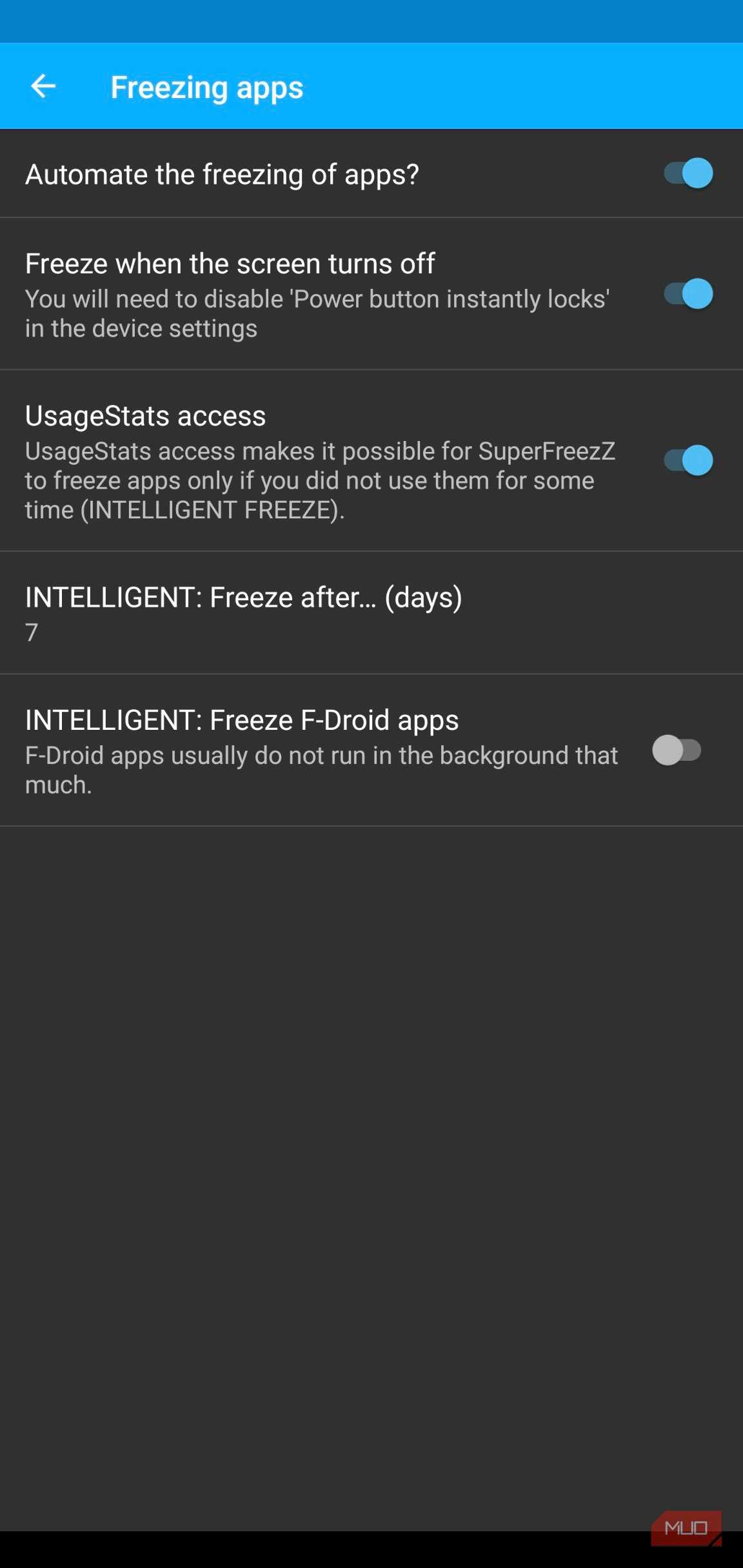 Freezing apps settings after all features have been enabled except freezing F-Droid apps.